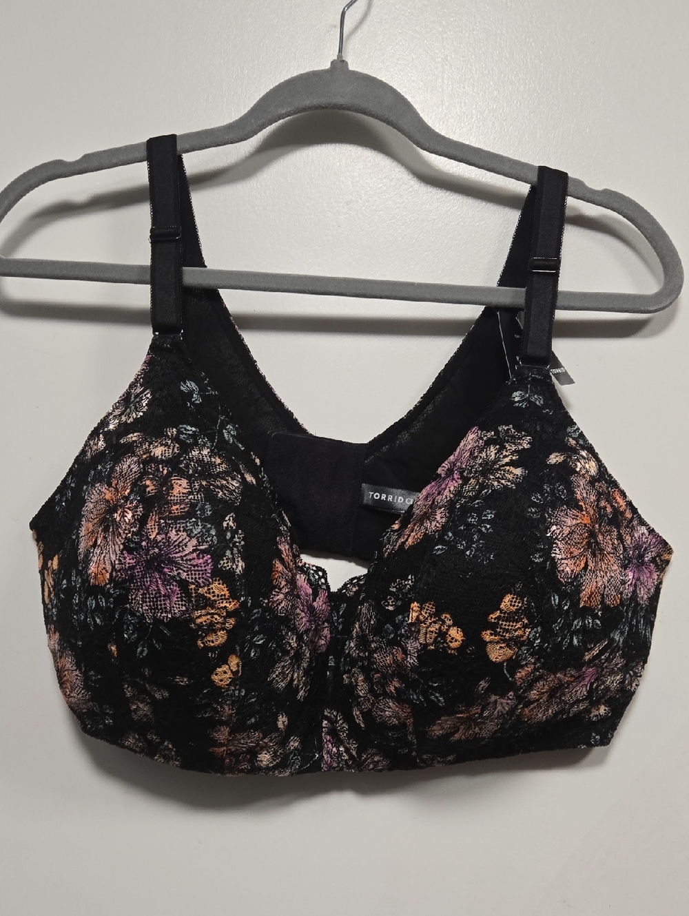 torrid Black Floral Lace Wireless Bra with Purple & Peach Accents